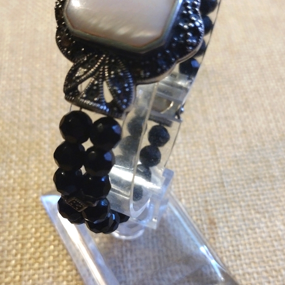MARCHASITE  MOTHER OF PEARL OBSIDIAN DOUBLE BEADED BLACK BRACELET - Picture 7 of 9